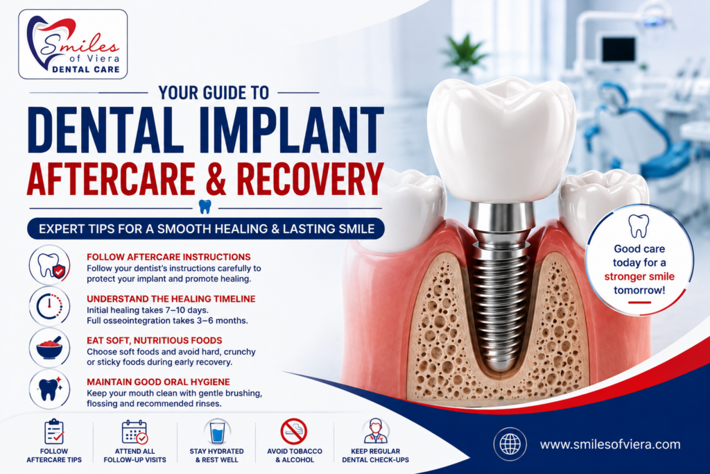 Dental implant aftercare infographic with recovery tips, healing timeline, and oral hygiene guidance by Smiles of Viera