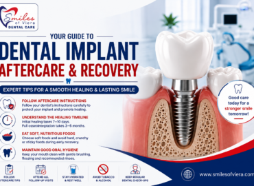 dental-implant-aftercare-recovery-guide Dental implant aftercare infographic with recovery tips, healing timeline, and oral hygiene guidance by Smiles of Viera
